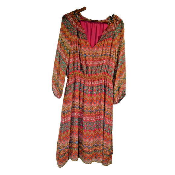 Diane Von Furstenberg Peasant Silk Dress Smocked Multi Floral Parry Sz 12 Womens - Picture 2 of 10